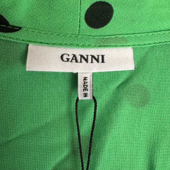 Ganni Dress Dainty Georgette Wrap Polka Dot Classic Green Size 42 Versatile - Picture 12 of 15